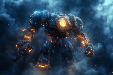 Wall Mural - the scene is a 3d illustration of a sci-fi mech in an attacking pose in a foggy night setting, with 
