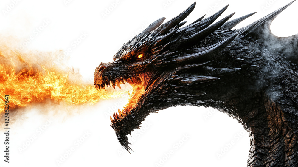 Black dragon head is spitting fire isolated on a white background ...