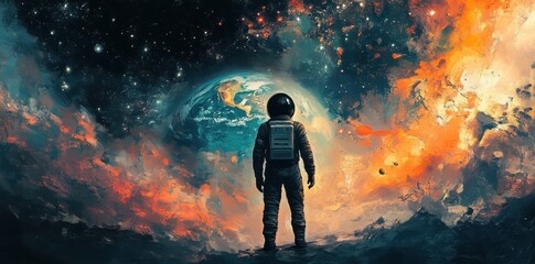 Wall Mural - astronaut stands facing earth surrounded by colorful cosmic clouds
