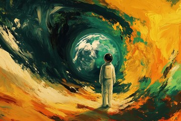 Wall Mural - astronaut contemplating earth at the end of an artistic tunnel