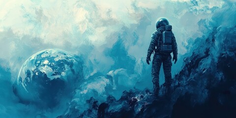 Wall Mural - astronaut stands on a celestial body gazing at a planet