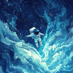 Wall Mural - astronaut drifts in a blue cosmic ocean with open arms