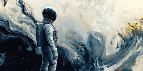 Wall Mural - astronaut stands against the vast cosmic backdrop of abstract nebula