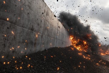 Wall Mural - the image portrays a fortress wall being besieged, where each stone strike produces a cascade of deb