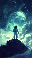 Wall Mural - astronaut on a rock gazes at a cosmic green planet