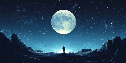 Wall Mural - silhouette stands under a bright moon amidst a starry sky