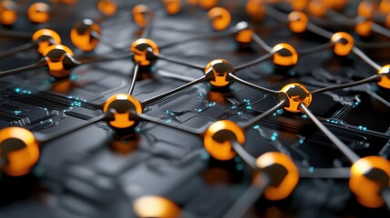 Wall Mural - abstract technology background with orange spheres on circuit board