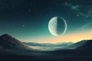 Wall Mural - majestic half moon dominates the sky above mountain landscape