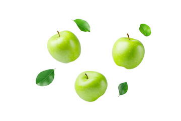 Wall Mural - Three green apples with leaves scattered around them, isolated