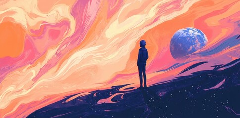 Wall Mural - astronaut standing on a planet looking at the stars