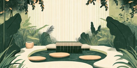 Wall Mural - Tranquil garden with pond stepping stones and vertical fountain