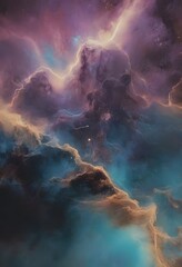 Wall Mural - generative ai abstract nebula space cloud purple teal nebula space cloud purple teal gold cosmic dus