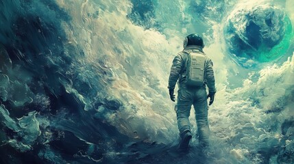 Wall Mural - astronaut walking on a chaotic planet towards a green earth