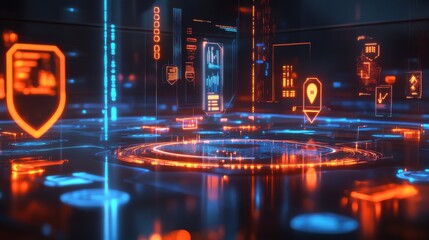 Wall Mural - futuristic digital interface with neon lights and data visualization