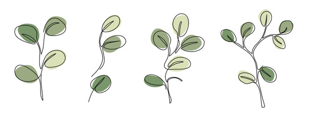 Wall Mural - Set of Eucalyptus branches in modern single line art style. Continuous line drawing, aesthetic contour for home decor, posters, wall art, packaging. Vector illustration