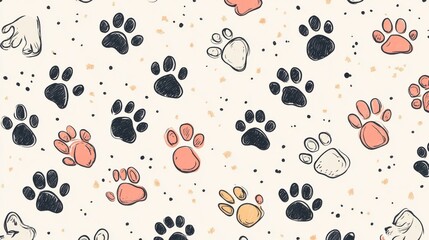 Wall Mural - cute hand-drawn pet paw print pattern on soft background