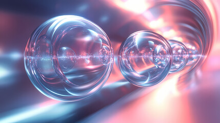 Poster - Glowing transparent spheres aligned in a futuristic cosmic setting reflecting light with a sense of parallel dimensions. Glowing Parallel Dimensions. Illustration