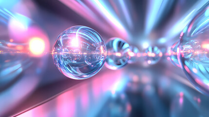 Wall Mural - glowing transparent spheres aligned in a futuristic cosmic setting reflecting light with a sense of 