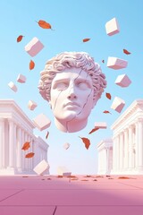 Wall Mural - A surreal 3D render of a floating classical bust amidst falling leaves and geometric shapes, set against a pastel backdrop of classical architecture.