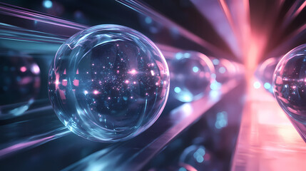 Poster - Glowing transparent spheres aligned in a futuristic cosmic setting reflecting light with a sense of parallel dimensions. Glowing Parallel Dimensions. Illustration