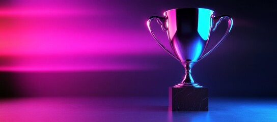 Silver trophy on dark stage, neon background, award ceremony