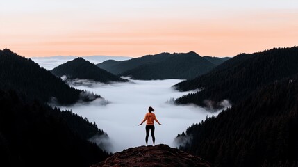 Wall Mural - Serene Vantage: a woman stands perched atop a mountain peak, arms outstretched, beholding a stunning vista of cloud-filled valleys and majestic mountain ranges at dusk. Capturing a feeling of peace.