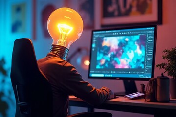 a person with a lightbulb head, focused on a computer screen. business idea.