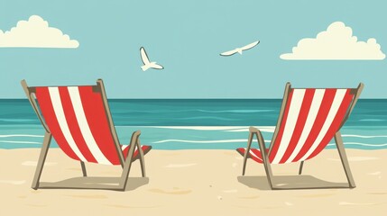 Wall Mural - Beach Chairs on Sandy Shore with Gentle Waves and Cloudy Sky