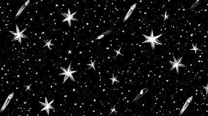 Wall Mural - hand drawn stars and comets on a black background