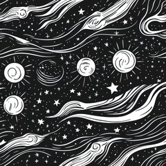 Wall Mural - black and white illustration of a celestial starry sky pattern