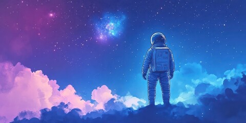 an astronaut stands among clouds gazing at the night sky