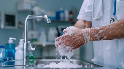 The Art of Clean Hands: A healthcare professional's meticulous handwashing routine in a sterile environment, with water and soap forming a rich lather to eliminate germs and ensure hygiene.