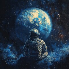 Wall Mural - an astronaut contemplates earth from a distant cosmic vantage point