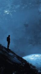 Wall Mural - solitary astronaut stands on a dark planet overlooking earth