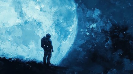 Wall Mural - astronaut contemplates a giant planet in artistic blue rendering
