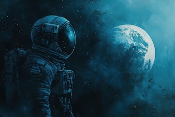 Wall Mural - astronaut looks at a planet in a dark space background