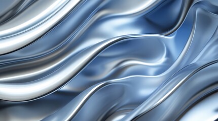 Abstract metallic silver and blue fluid waves with a smooth reflective surface. Futuristic liquid metal texture with dynamic flowing shapes, creating a sleek and modern aesthetic

