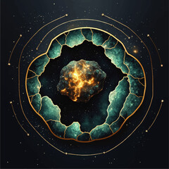 Wall Mural - stunning cosmic vector art of glowing meteor surrounded by orbit trails and fractured nebula pattern