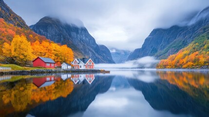  Autumn Fjord Landscape with Colorful Trees and Houses