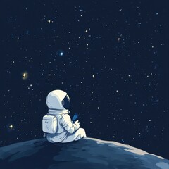 Wall Mural - astronaut sits on planet watching starry space using smartphone