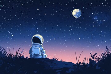 Wall Mural - cartoon astronaut contemplates moon under starry sky on grassy hilltop