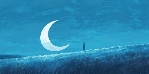 Wall Mural - person standing near huge crescent moon on grassy hill