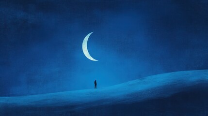 Wall Mural - silhouette under crescent moon on a dreamy blue landscape