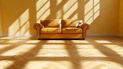 Canvas Print - Spacious Living Room Featuring Vintage Yellow Leather Sofa Against Warm Yellow Walls