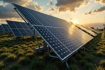 Solar Panel Array at Sunset
