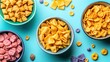 © Tyrah - Colorful assortment of snack bowls filled with various shapes and flavors on a vibrant background