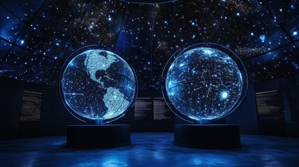 Poster - Illuminated Globes Displaying Global Network Connections Under a Starry Ceiling