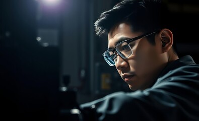 Wall Mural - Focused east asian male technician wearing safety glasses inspects machinery with precision his attention to detail highlights importance of safety in industrial settings East Asian china japan japane