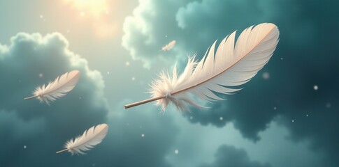 Feathers suspended in mid-air amidst swirling mist, weightless feeling, surreal scene, ethereal light