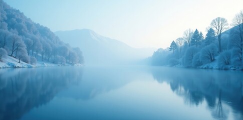 Wall Mural - Soft blue mist rises from a serene frozen lake, frosty atmosphere, blue mist